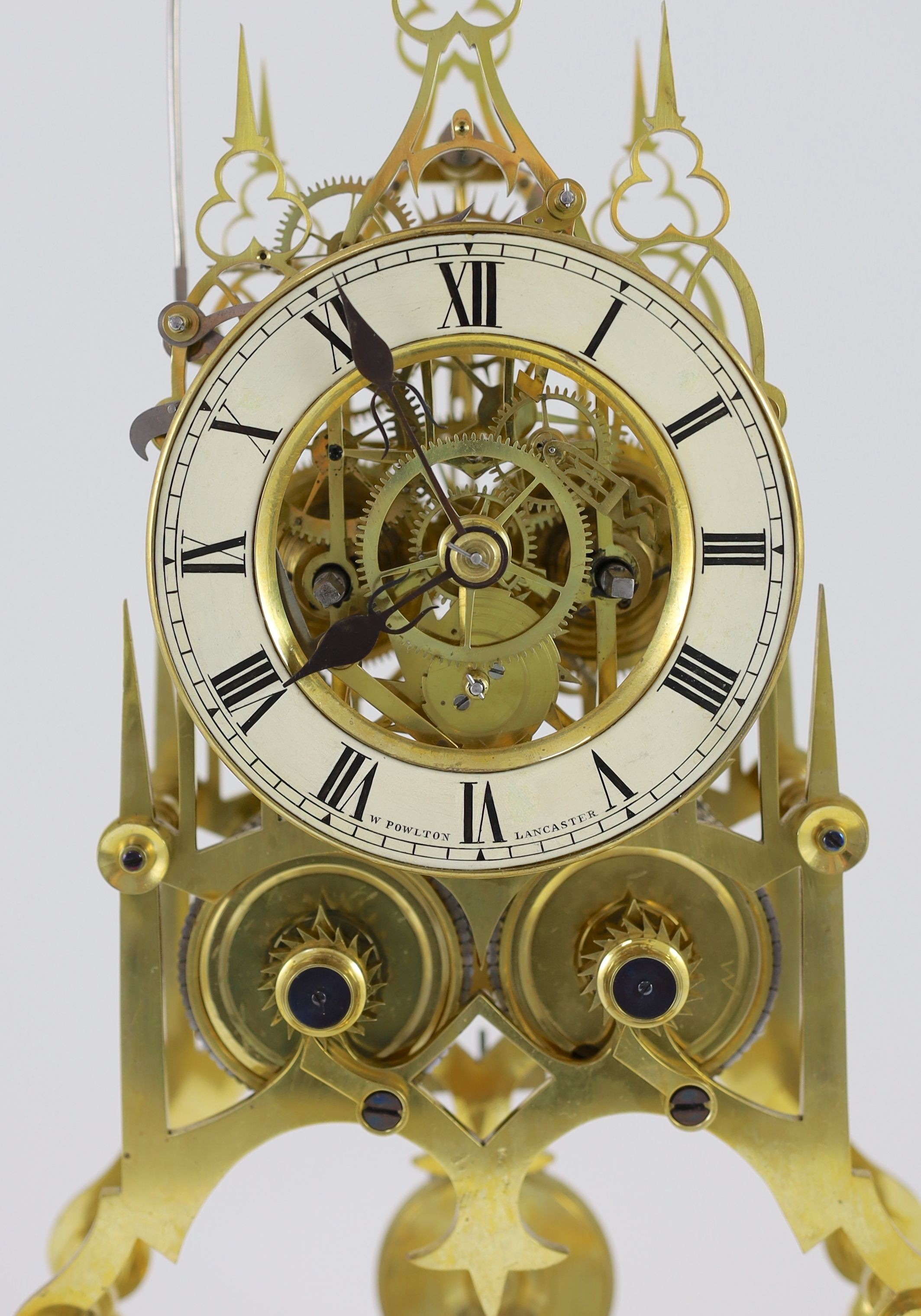 W. Poulton of Lancaster. A mid 19th century brass 'Cathedral' skeleton clock, width 35cm depth 18cm height overall 53cm